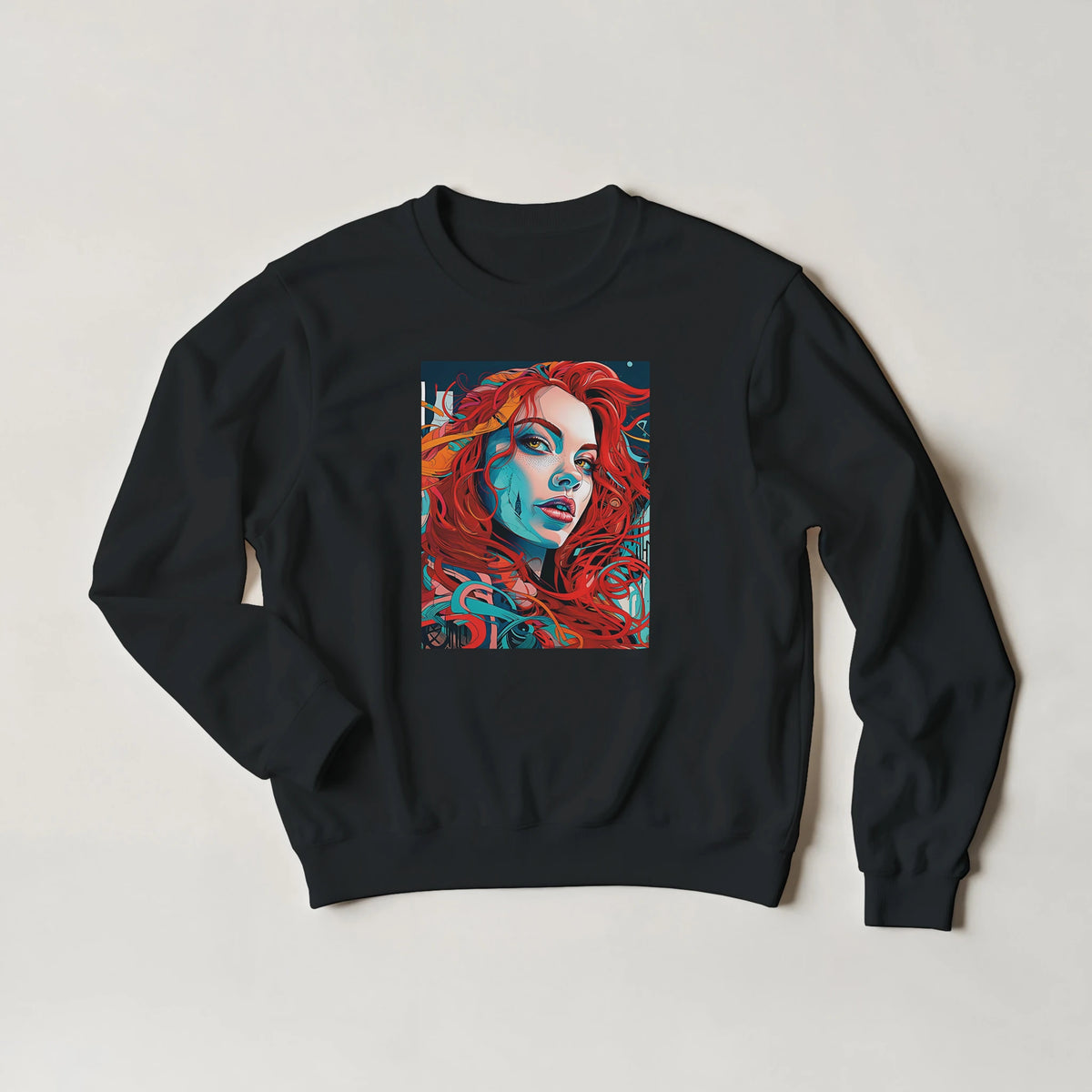 Urban pop-art portrait of a redheaded woman on a black sweatshirt.