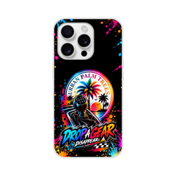 Car culture iPhone case featuring a manual gear shift, "Urban Palm Trees" sunset graphic, and colorful paint splatters on black.