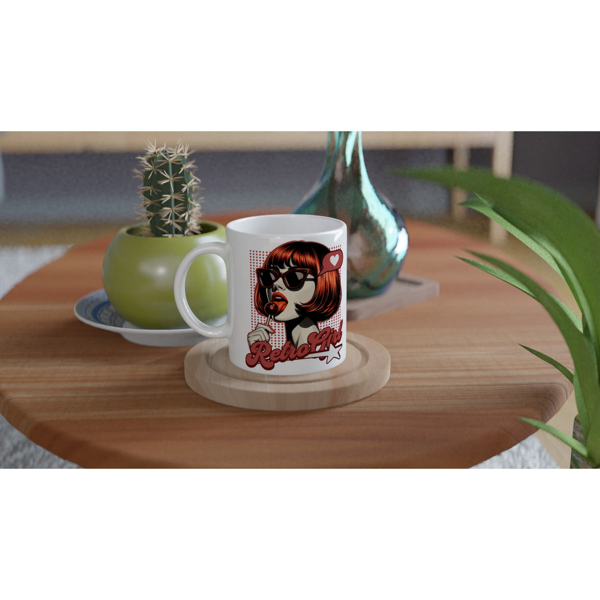 Retro Girl mug featuring a red-haired woman in sunglasses with a lollipop on white ceramic.
