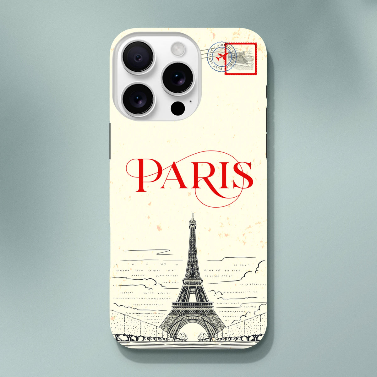 Paris Eiffel Tower travel phone case with vintage red typography and postmark stamp design for iPhone.