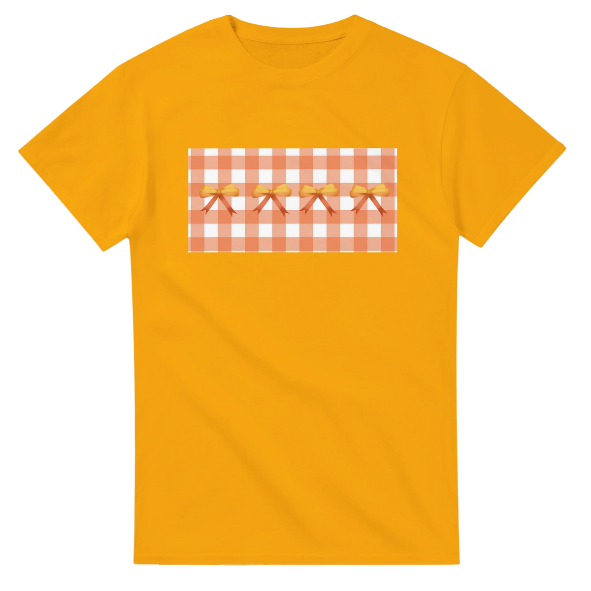 Orange bow-embellished gingham patch T-shirt for women, Coquette aesthetic.