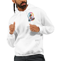 White men's streetwear hoodie featuring colorful Urban Palm Trees and Fullsend graphic logo on the chest.