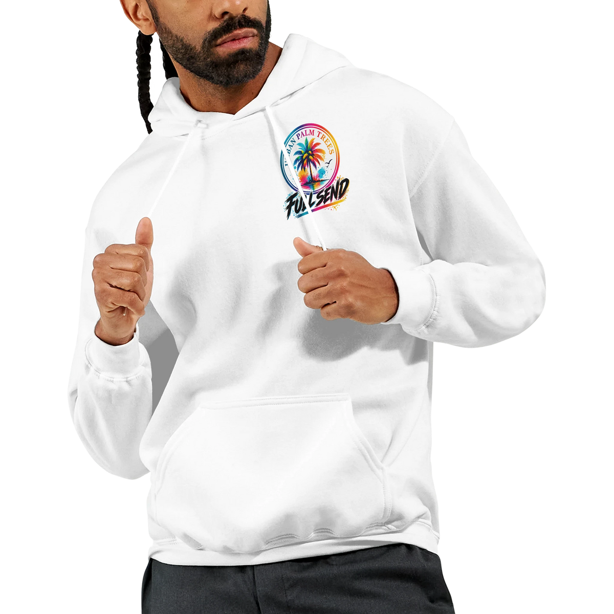 White men's streetwear hoodie featuring colorful Urban Palm Trees and Fullsend graphic logo on the chest.