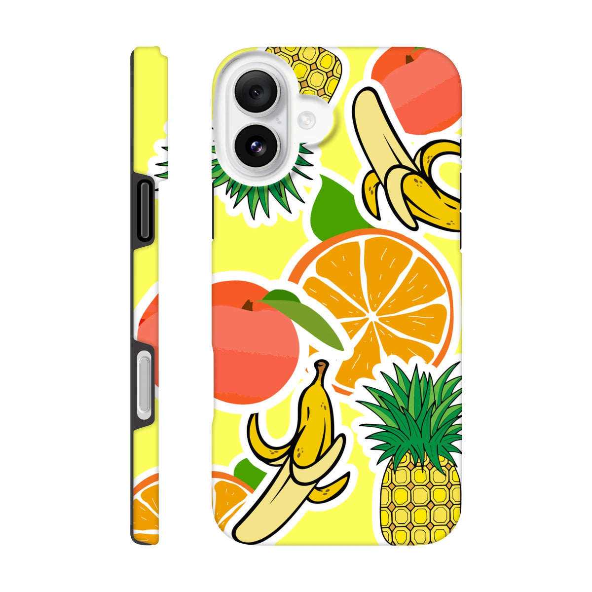 Yellow tough iPhone case featuring bold sticker-style graphics of bananas, oranges, and pineapples on a bright background.