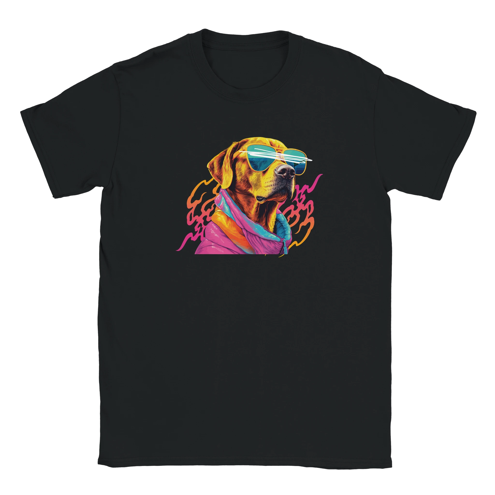 Cool dog graphic tee: colorful dog with blue sunglasses and pink hoodie on a black shirt.