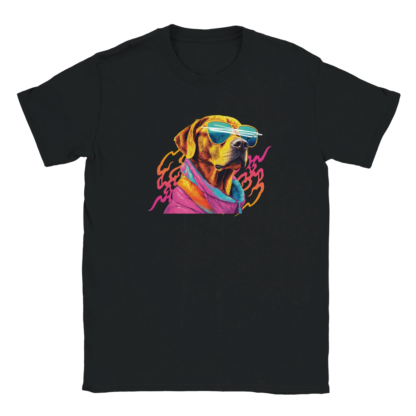 Cool dog graphic tee: colorful dog with blue sunglasses and pink hoodie on a black shirt.