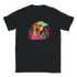 Cool dog graphic tee: colorful dog with blue sunglasses and pink hoodie on a black shirt.