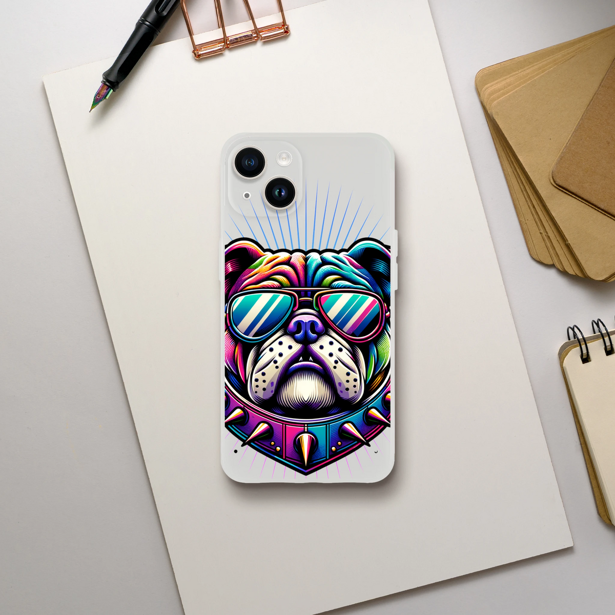 Colorful bulldog wearing sunglasses on a clear, slim protective iPhone case for iPhone 13-16.