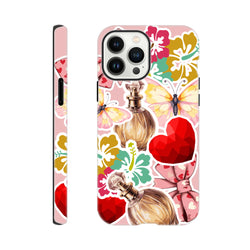 Pink floral iPhone case featuring butterfly, perfume bottle, and gemstone heart sticker collage design with tough protection.