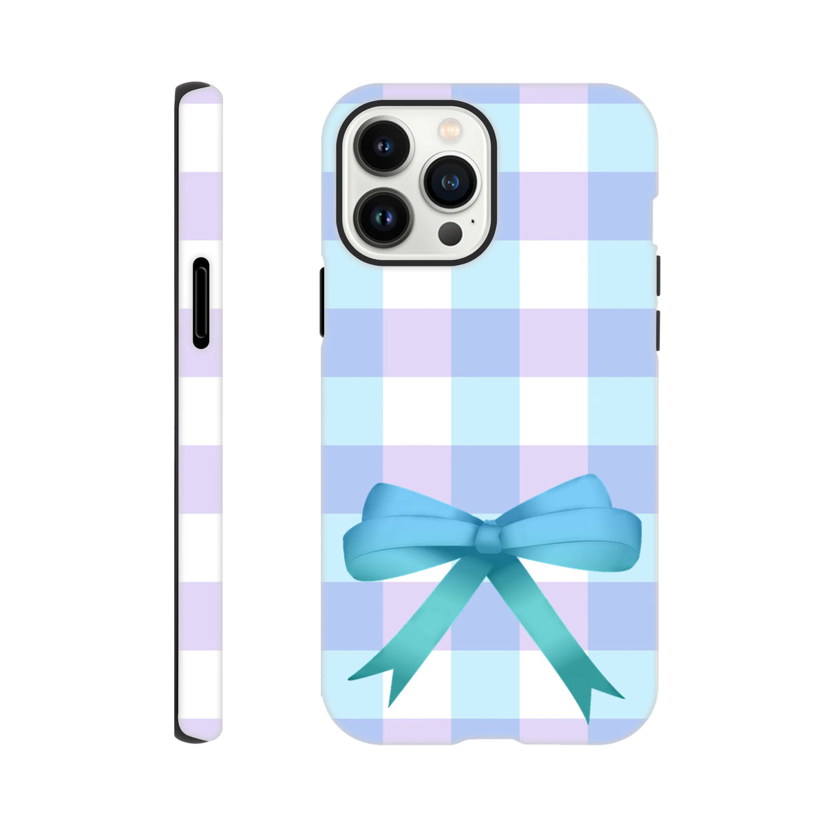 Blue gingham and lavender check iPhone case featuring a large teal 3D coquette bow design for tough protection and streetwear style.