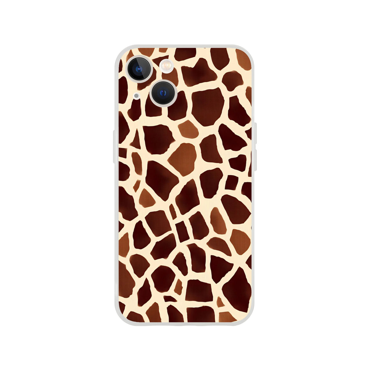 Brown giraffe-print iPhone case (13-16) with safari animal design and gray edge.