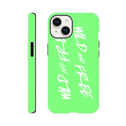 Bright green iPhone case featuring vertical white "Wild and Free" text in a Y2K aesthetic. Shock-absorbing tough cover for iPhone 13-16.