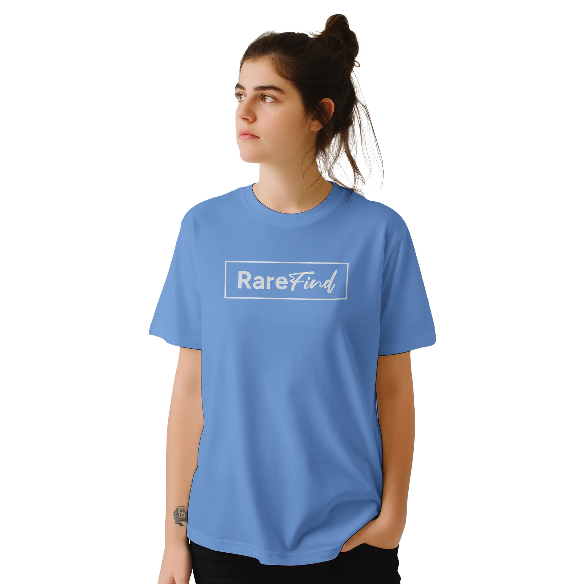 Woman wearing blue RareFind T-shirt with white logo on chest.