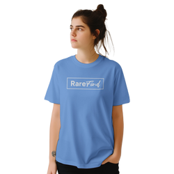 Woman wearing blue RareFind T-shirt with white logo on chest.