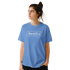 Woman wearing blue RareFind T-shirt with white logo on chest.
