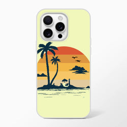 Retro Beach iPhone Case (13-16) featuring palm-tree silhouettes on a sunset beach scene.