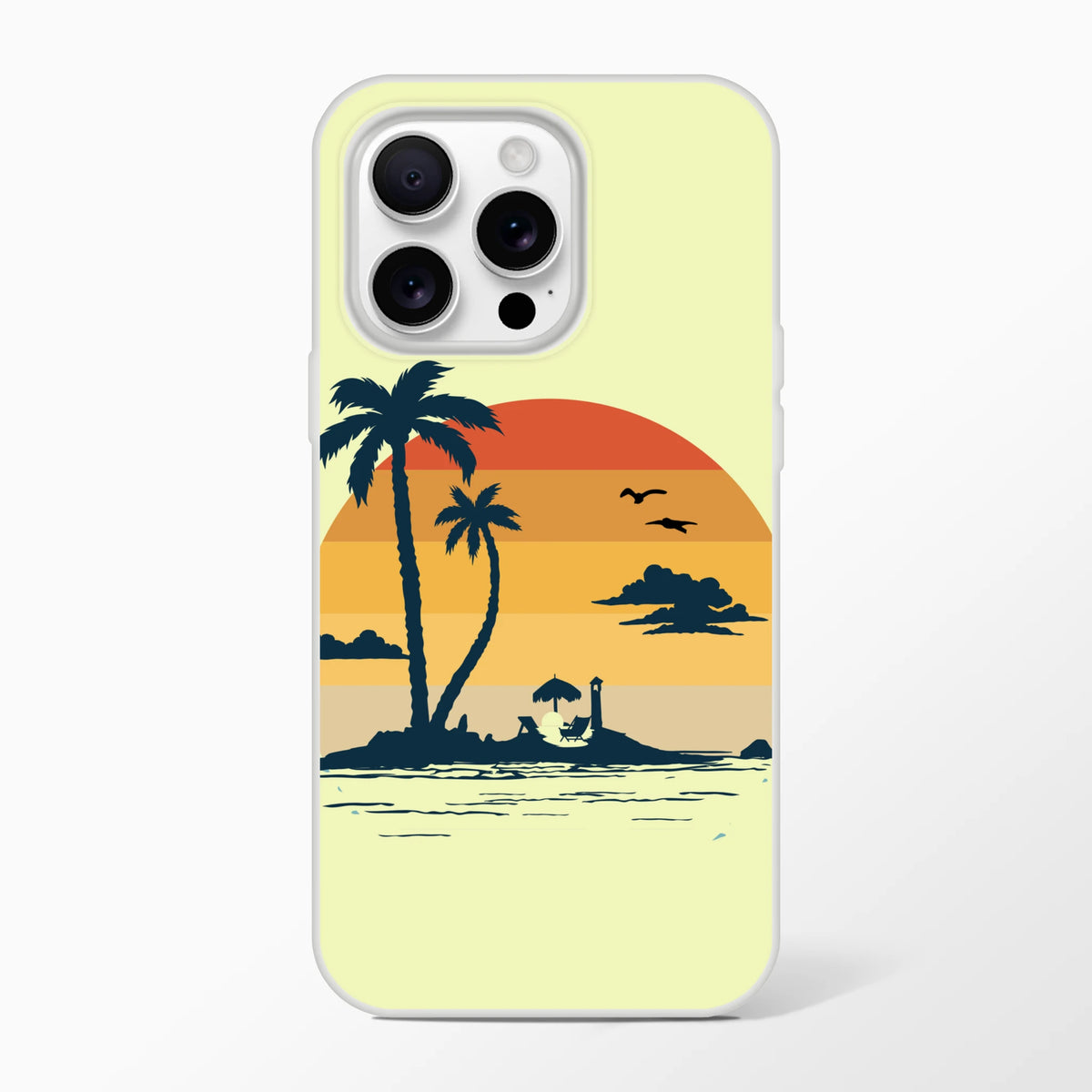 Retro Beach iPhone Case (13-16) featuring palm-tree silhouettes on a sunset beach scene.