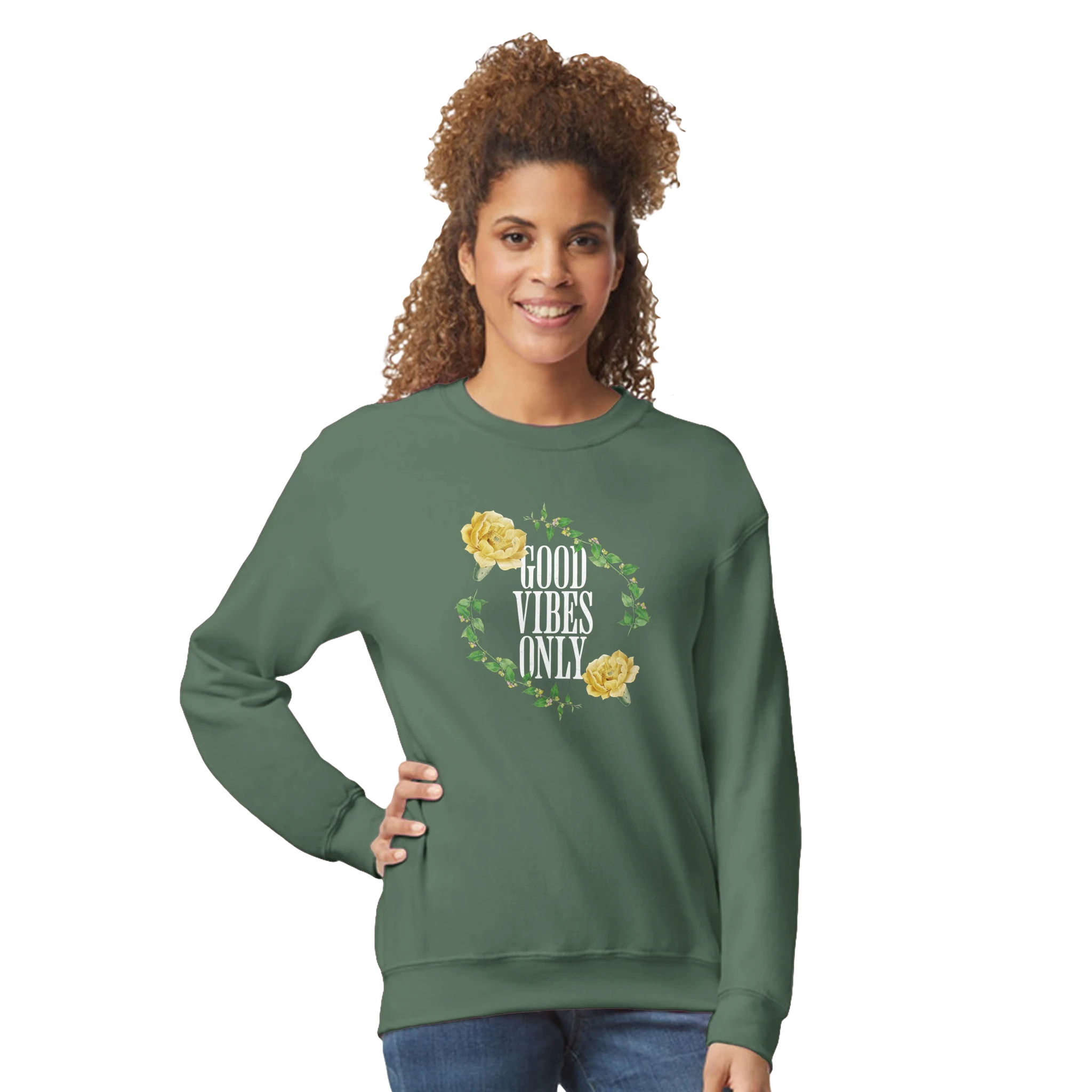 Woman wearing green mental health jumper with Good Vibes Only floral wreath graphic.