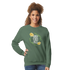 Woman wearing green mental health jumper with Good Vibes Only floral wreath graphic.