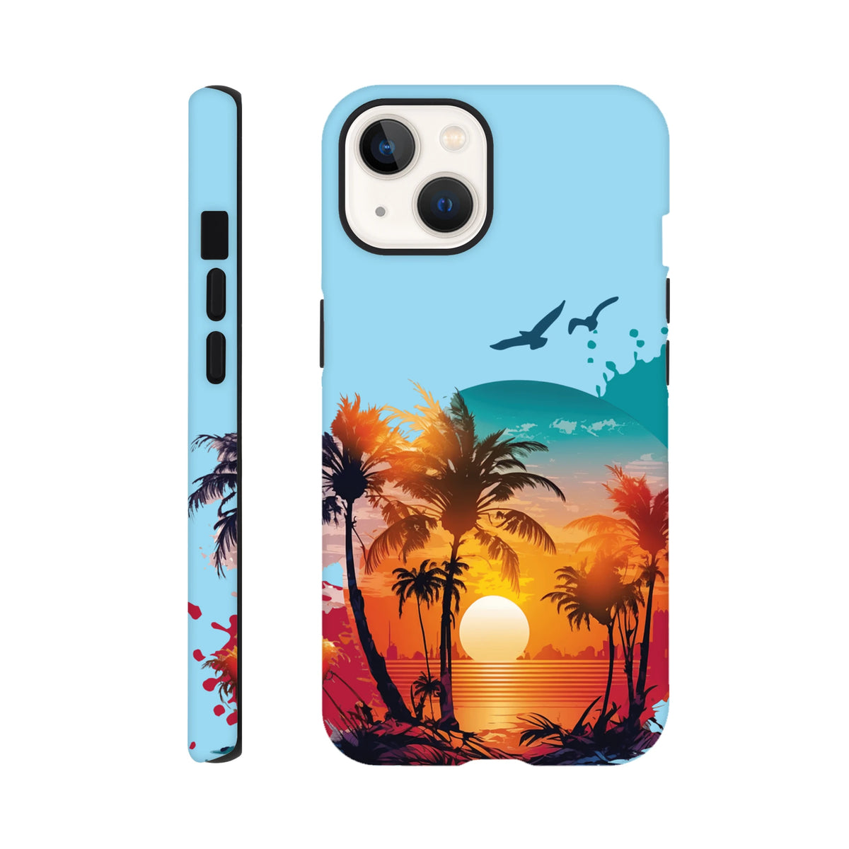Tough iPhone case featuring a vibrant tropical sunset palm tree design with flying birds and ocean horizon.