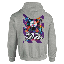 Gray hoodie back featuring colorful DJ turntable graphic with palm tree vinyl and "Made to Make Noise" text.
