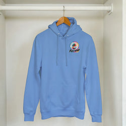 Blue petrolhead streetwear hoodie with colorful Urban Palm Trees Full Send graphic and front pouch pocket.