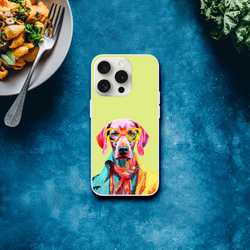 Lime iPhone case featuring a colorful dog wearing sunglasses on a blue background.