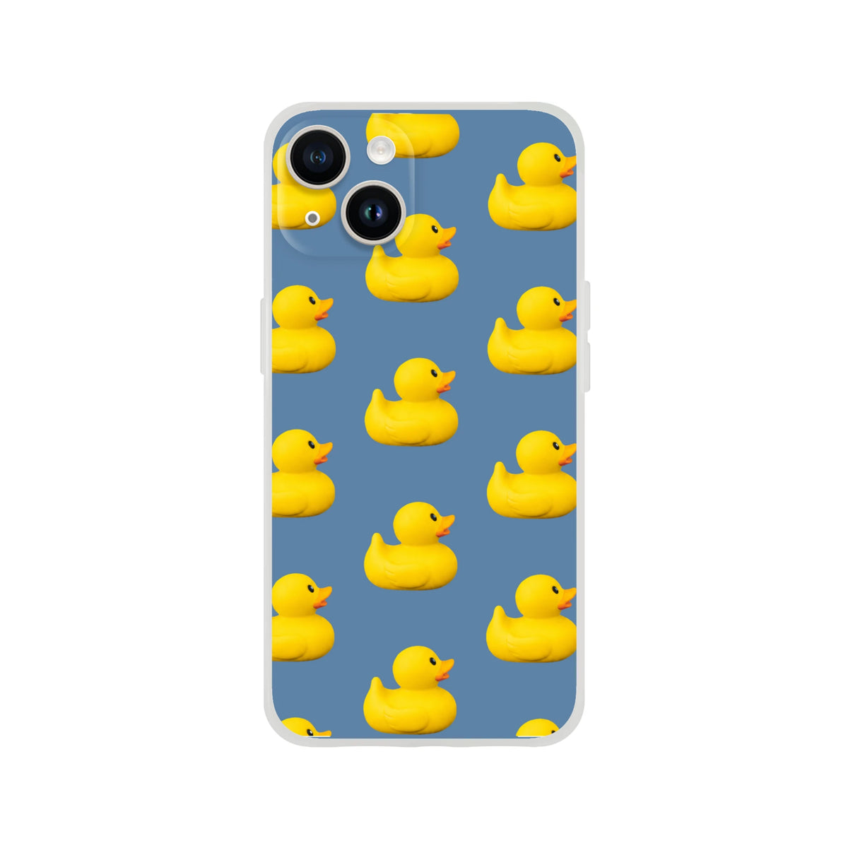 Blue aesthetic rubber duck iPhone case for 13-16 with repeating yellow duck pattern on a matte finish.