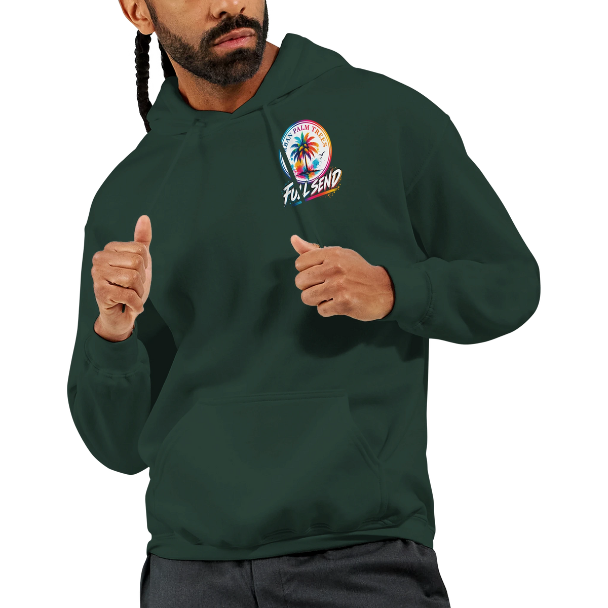 Men's dark green modified car culture hoodie features colorful Urban Palm Trees Full Send graphic and double-lined hood.