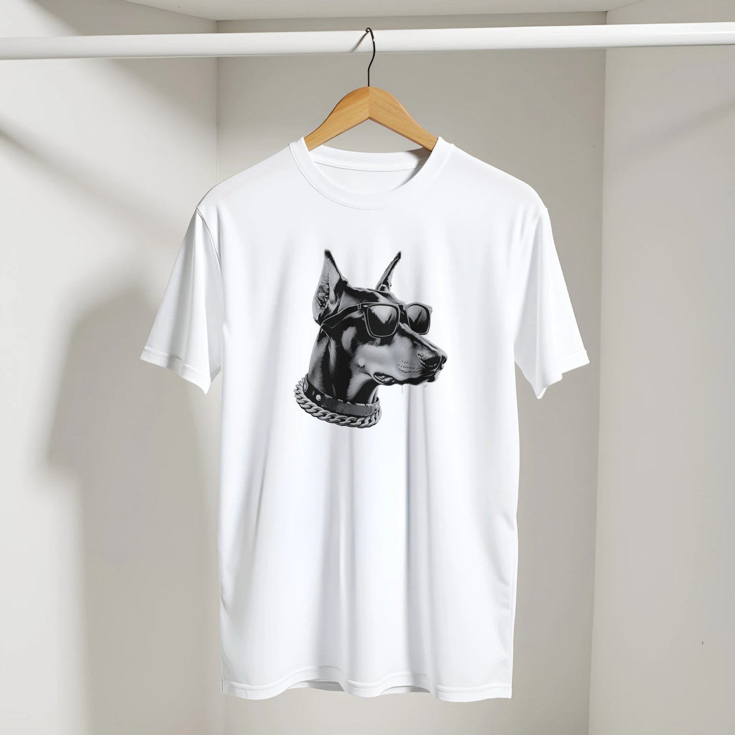 Gangster Dog T Shirt, white men's graphic tee in a soft cotton blend with a Doberman wearing sunglasses and a chain.