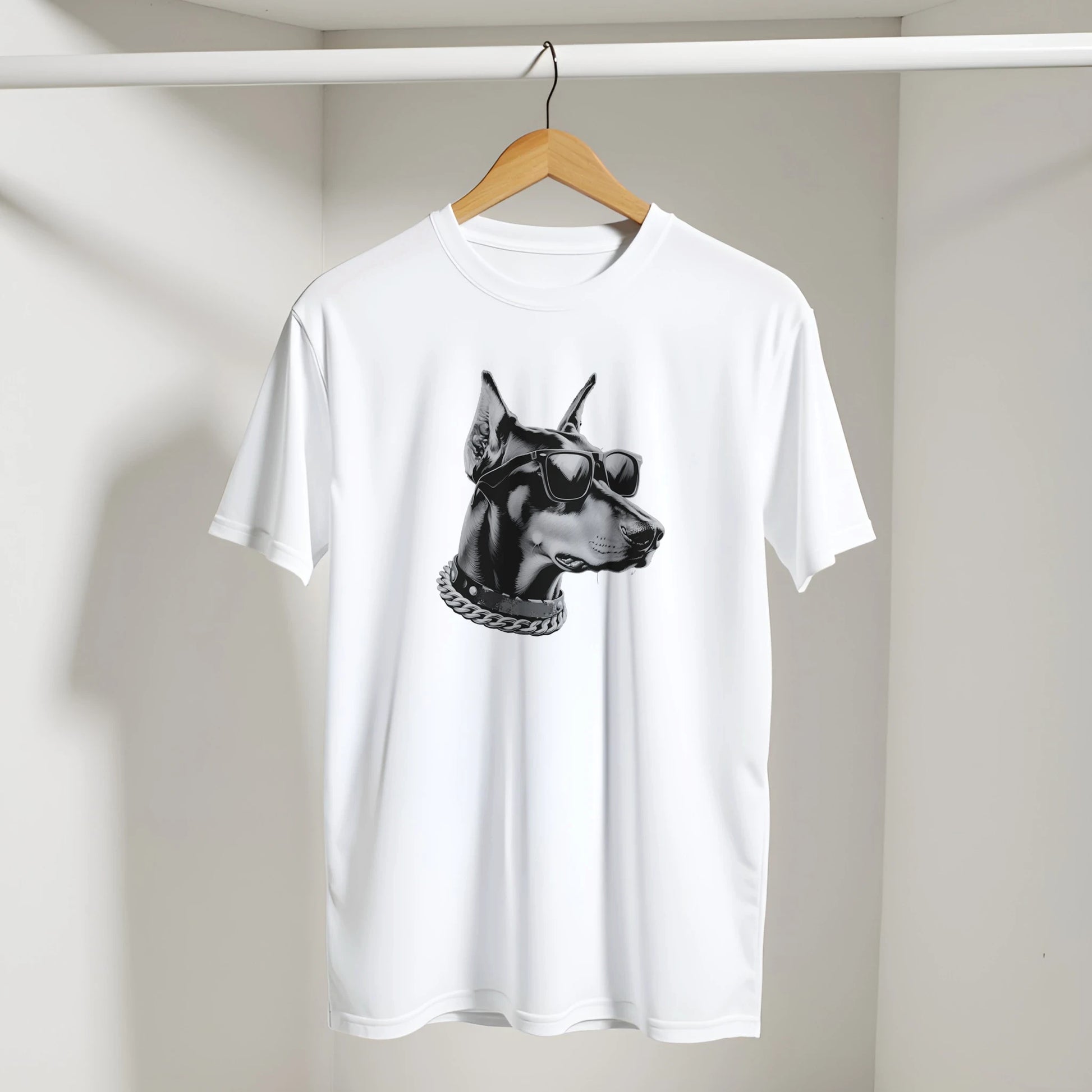 Gangster Dog T Shirt, white men's graphic tee in a soft cotton blend with a Doberman wearing sunglasses and a chain.