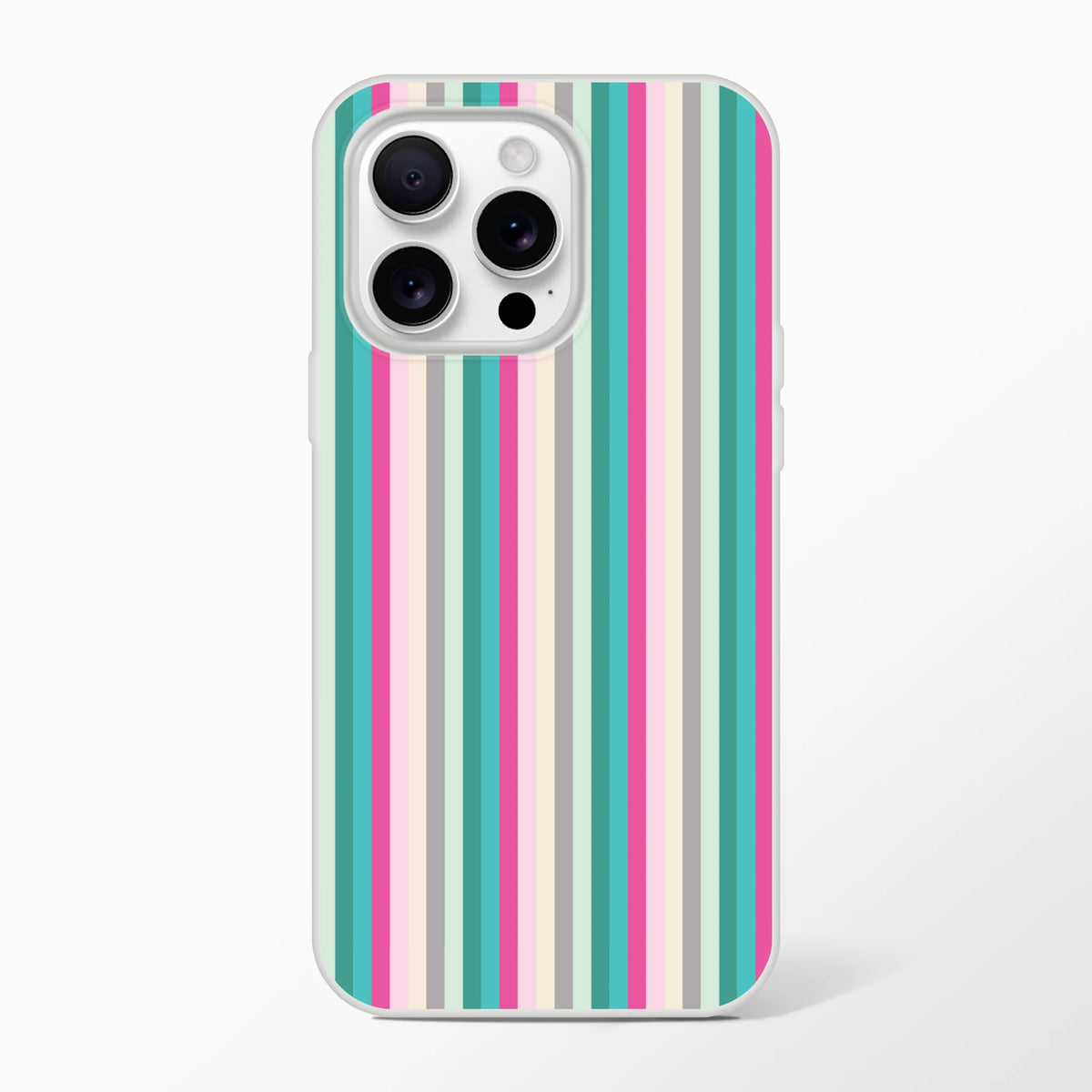 Pastel Stripe iPhone Case for iPhone 13–16 with vertical teal, pink, cream, and gray stripes.