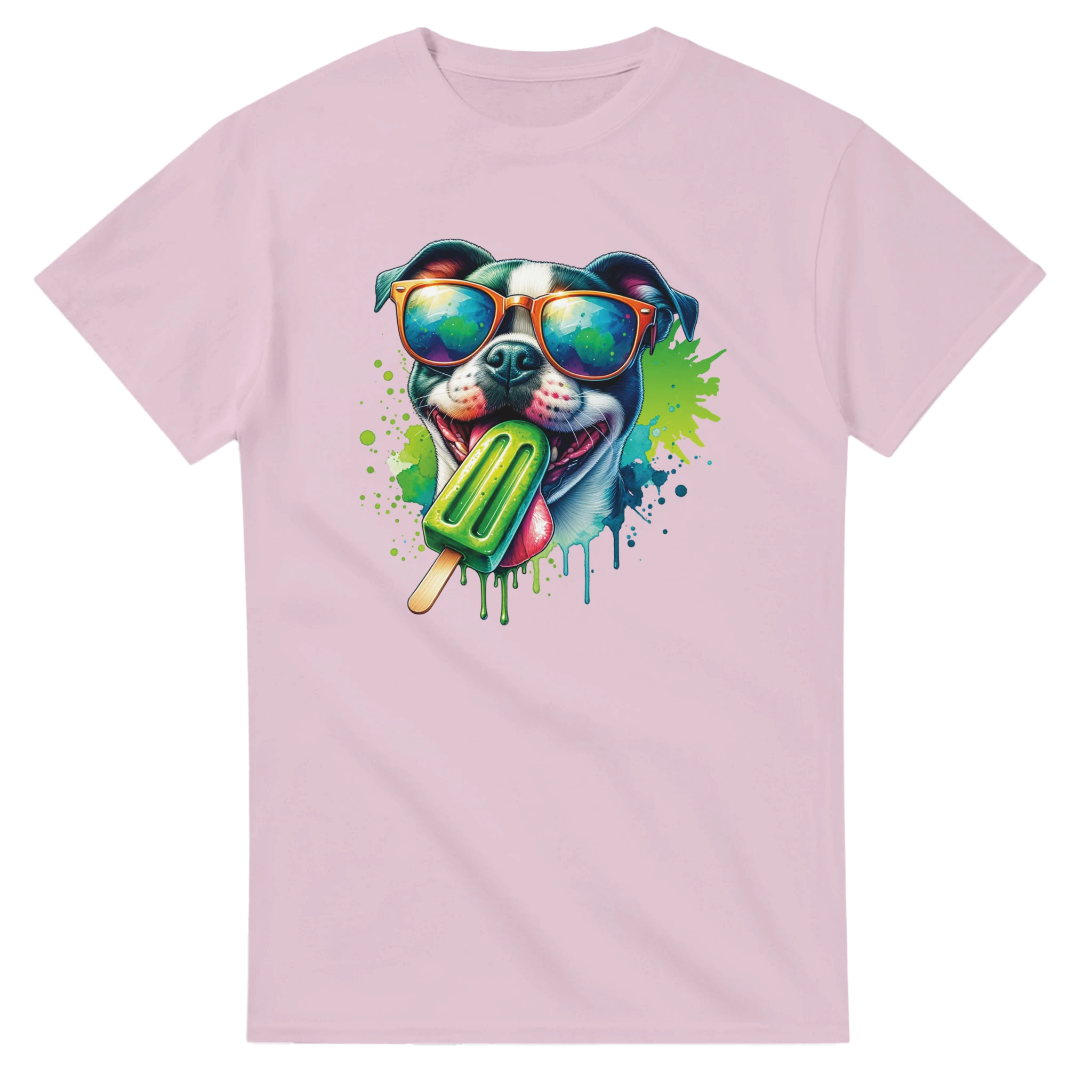 Pastel pink Chill Dog T-shirt with a colorful dog wearing sunglasses and licking a green popsicle.
