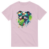 Pastel pink Chill Dog T-shirt with a colorful dog wearing sunglasses and licking a green popsicle.