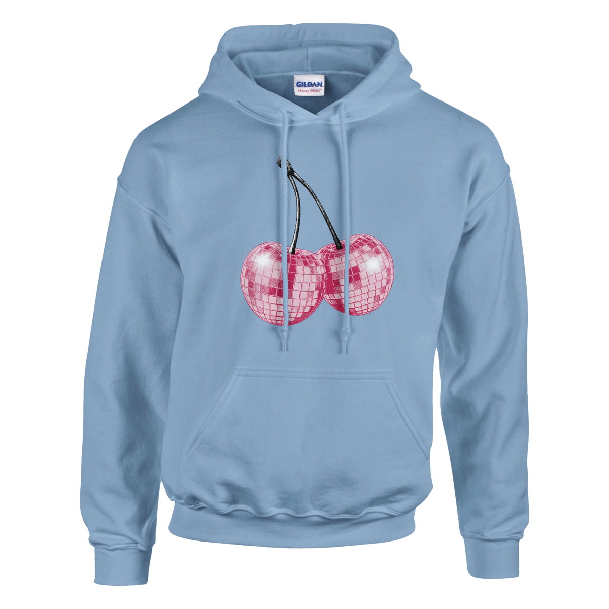 Light blue hoodie with pink glitter cherry graphic on chest; soft cotton-poly blend, front pouch pocket, drawstrings.