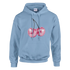 Light blue hoodie with pink glitter cherry graphic on chest; soft cotton-poly blend, front pouch pocket, drawstrings.