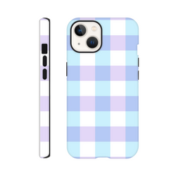 Pastel blue and lavender gingham tough iPhone case with cute checkered pattern and shock-absorbing protection for streetwear style.