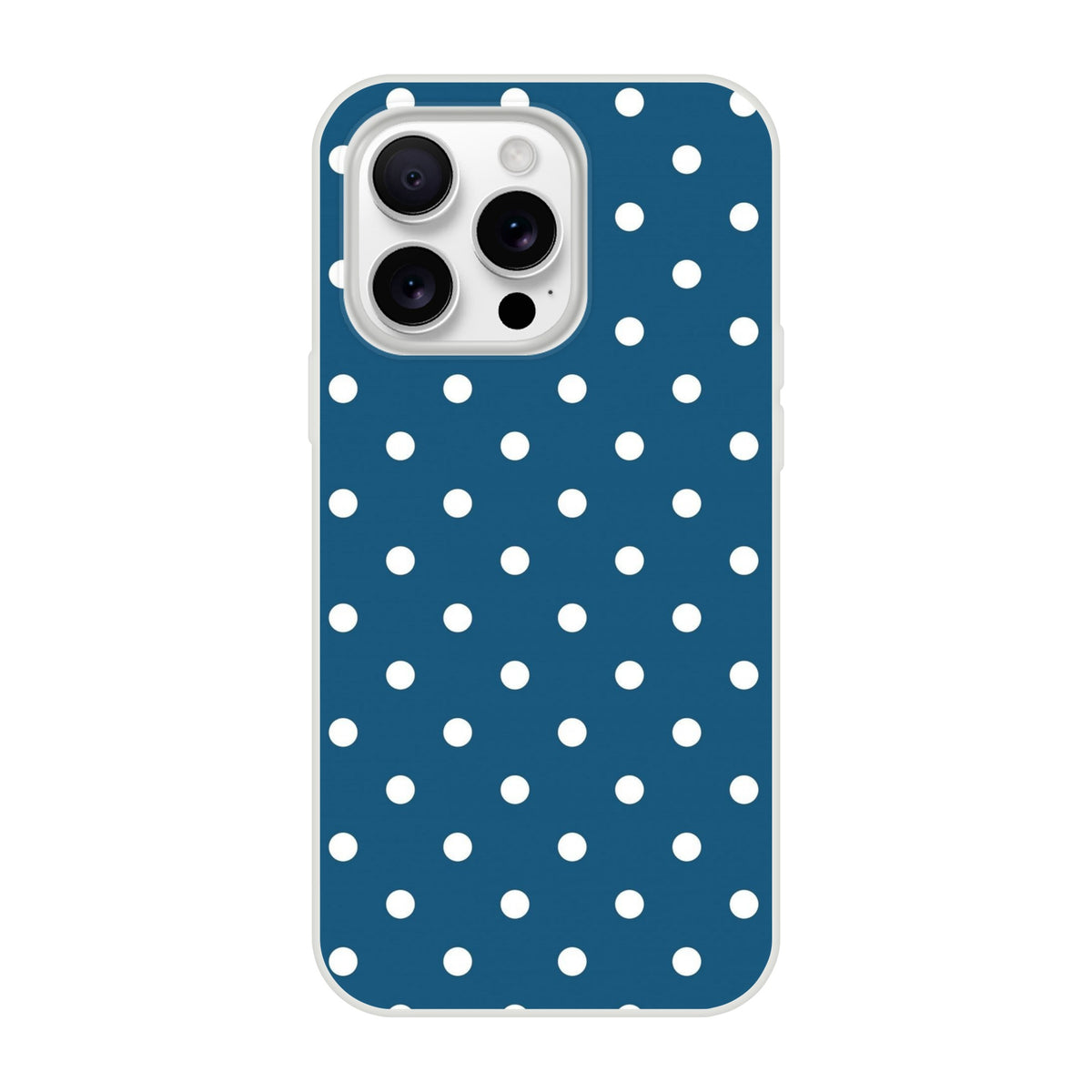 Retro navy blue iPhone case with white polka dots and matte finish. Shock-absorbing TPU protection for iPhone 13-16 models.