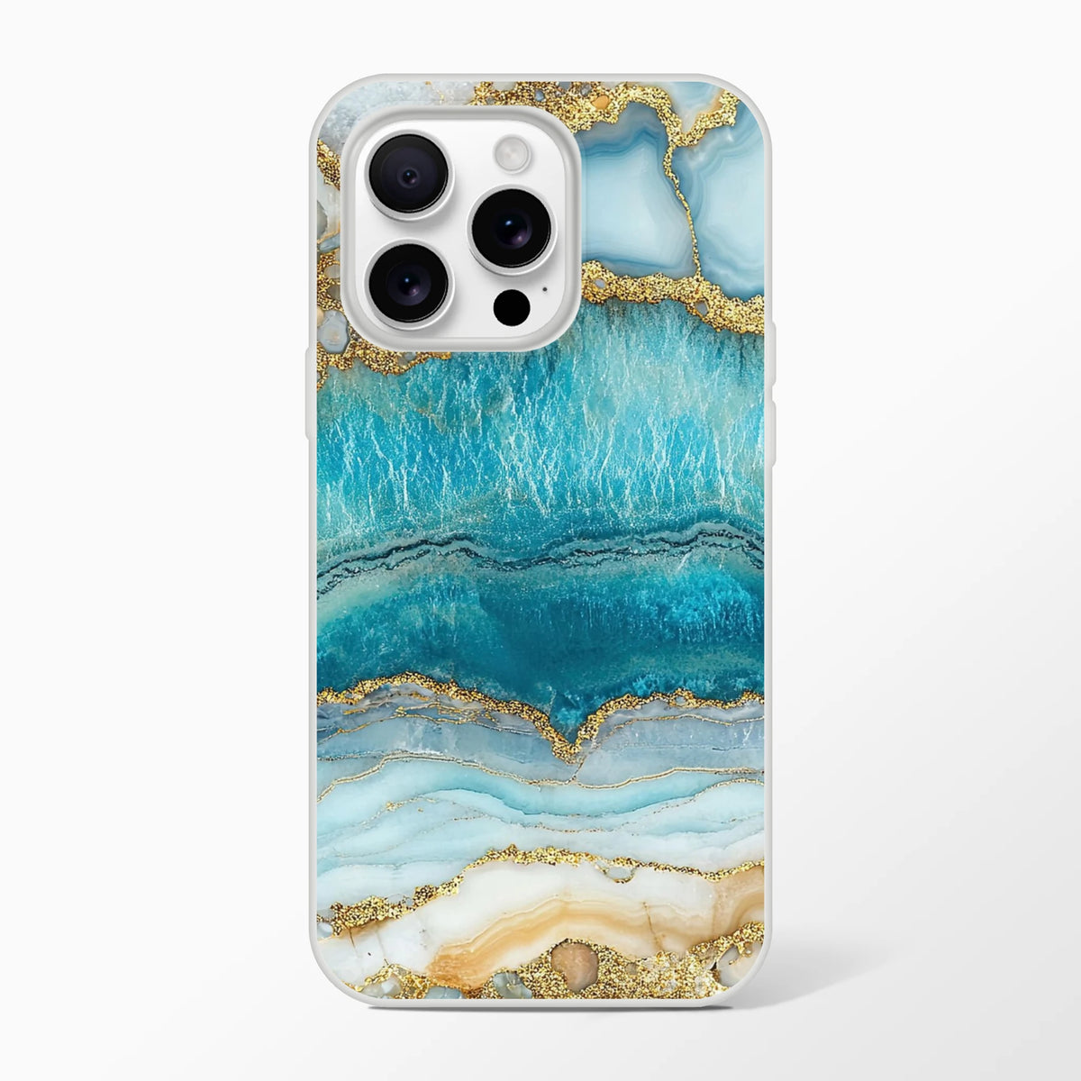 Blue and Gold Marble Ocean Agate iPhone Case for iPhone 13-16, slim profile with shock-absorbing protection.