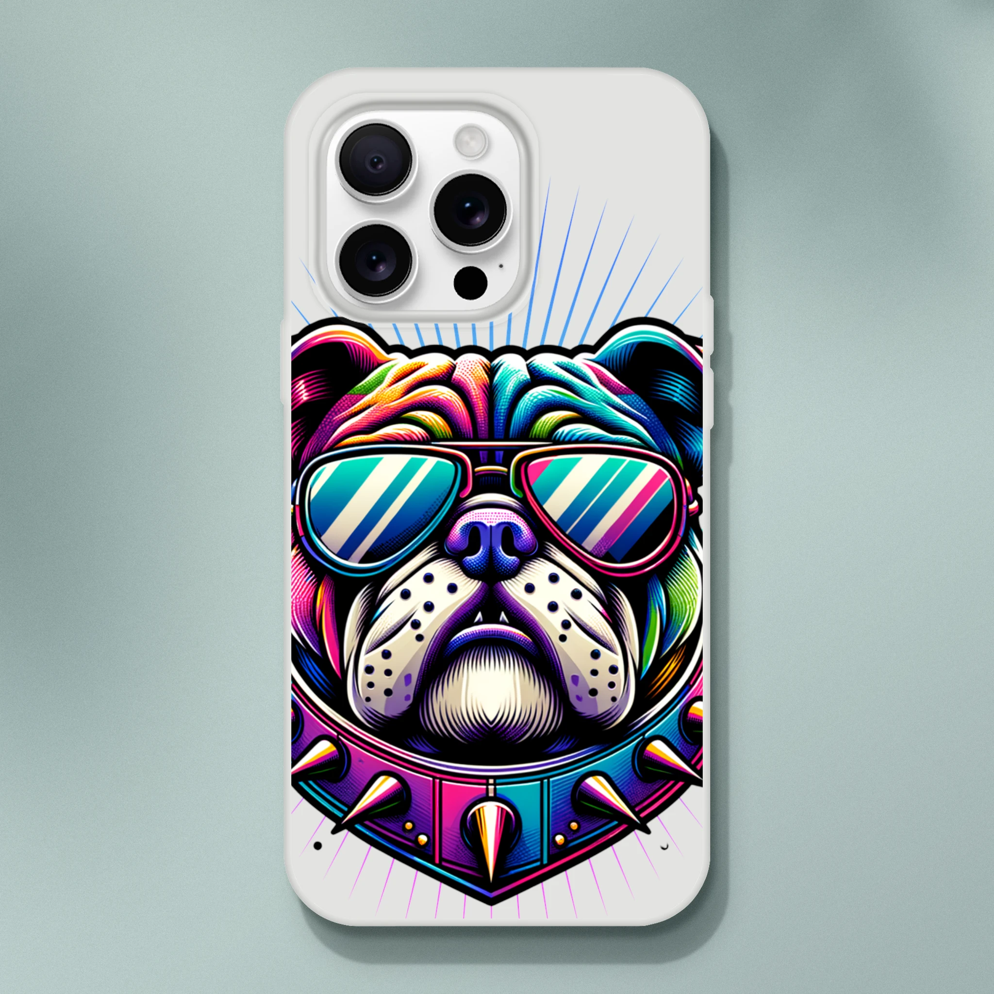 Colorful bulldog wearing striped sunglasses on a transparent, slim iPhone case for iPhone 13–16.