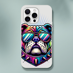 Colorful bulldog wearing striped sunglasses on a transparent, slim iPhone case for iPhone 13–16.