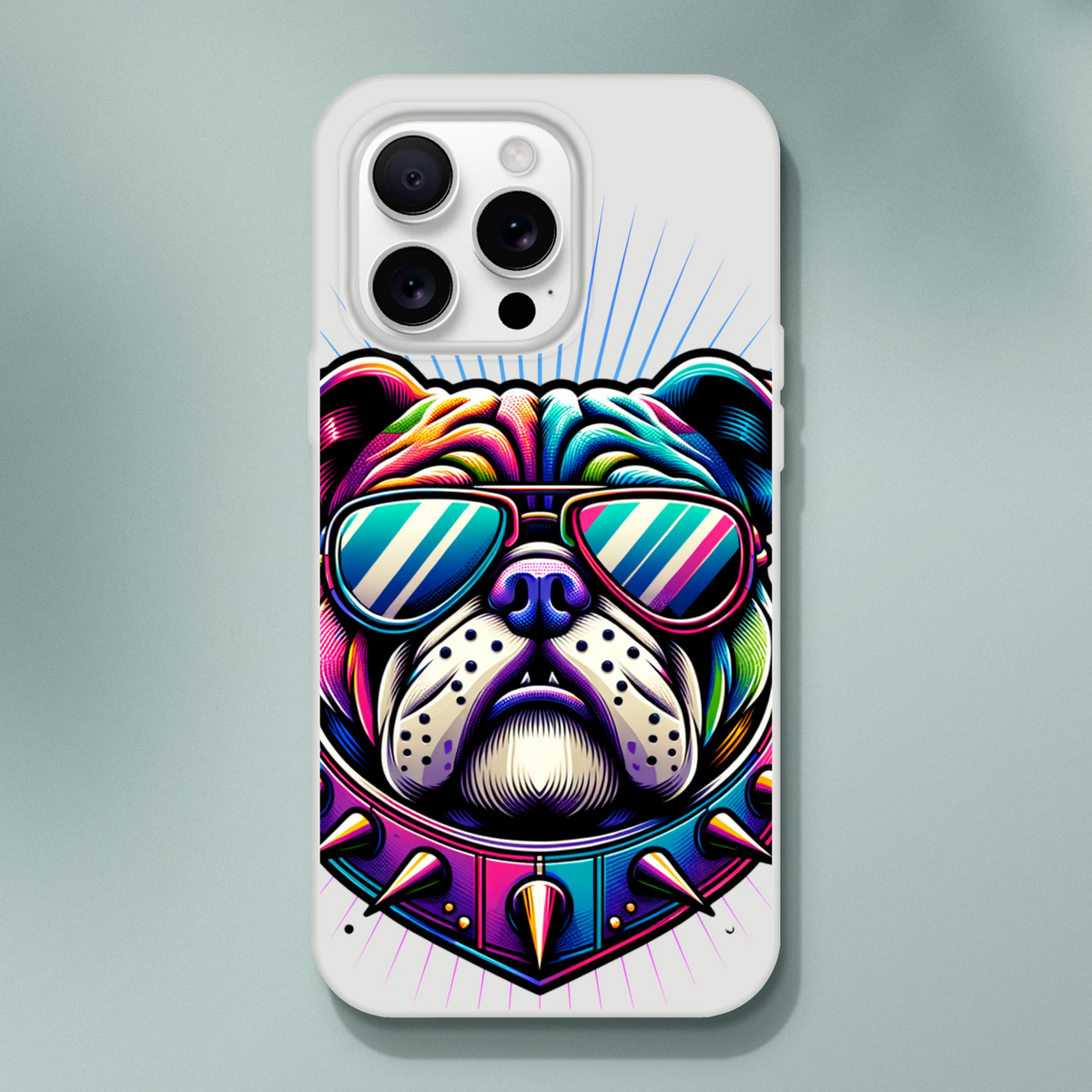 Colorful bulldog wearing striped sunglasses on a transparent, slim iPhone case for iPhone 13–16.