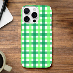 Retro green and white gingham iPhone case providing tough shockproof protection with a bold plaid pattern for modern street style.
