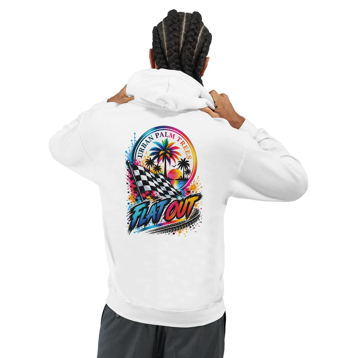 White men's hoodie featuring colorful back print with checkered flag, palm trees, and Flat Out text for petrolhead streetwear.