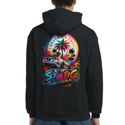 Black men's hoodie featuring colorful back print of modified car, Urban Palm Trees sunset, and Static logo for petrolhead culture.