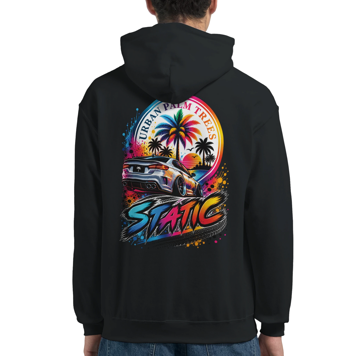 Black men's hoodie featuring colorful back print of modified car, Urban Palm Trees sunset, and Static logo for petrolhead culture.