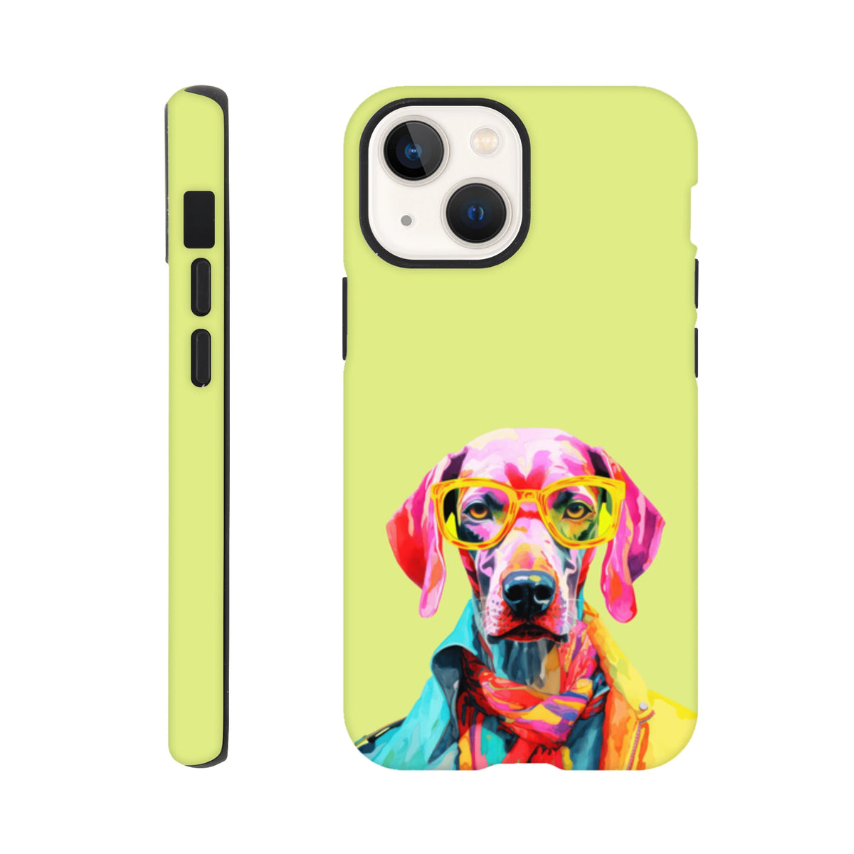 Vibrant pop art dog wearing yellow glasses and a colorful jacket on a lime green tough iPhone case.