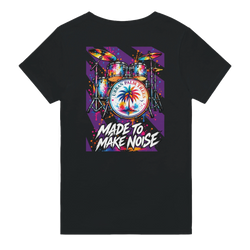 Black tee back featuring a colorful retro drum kit graphic with a palm tree bass drum and "Made to Make Noise" text.