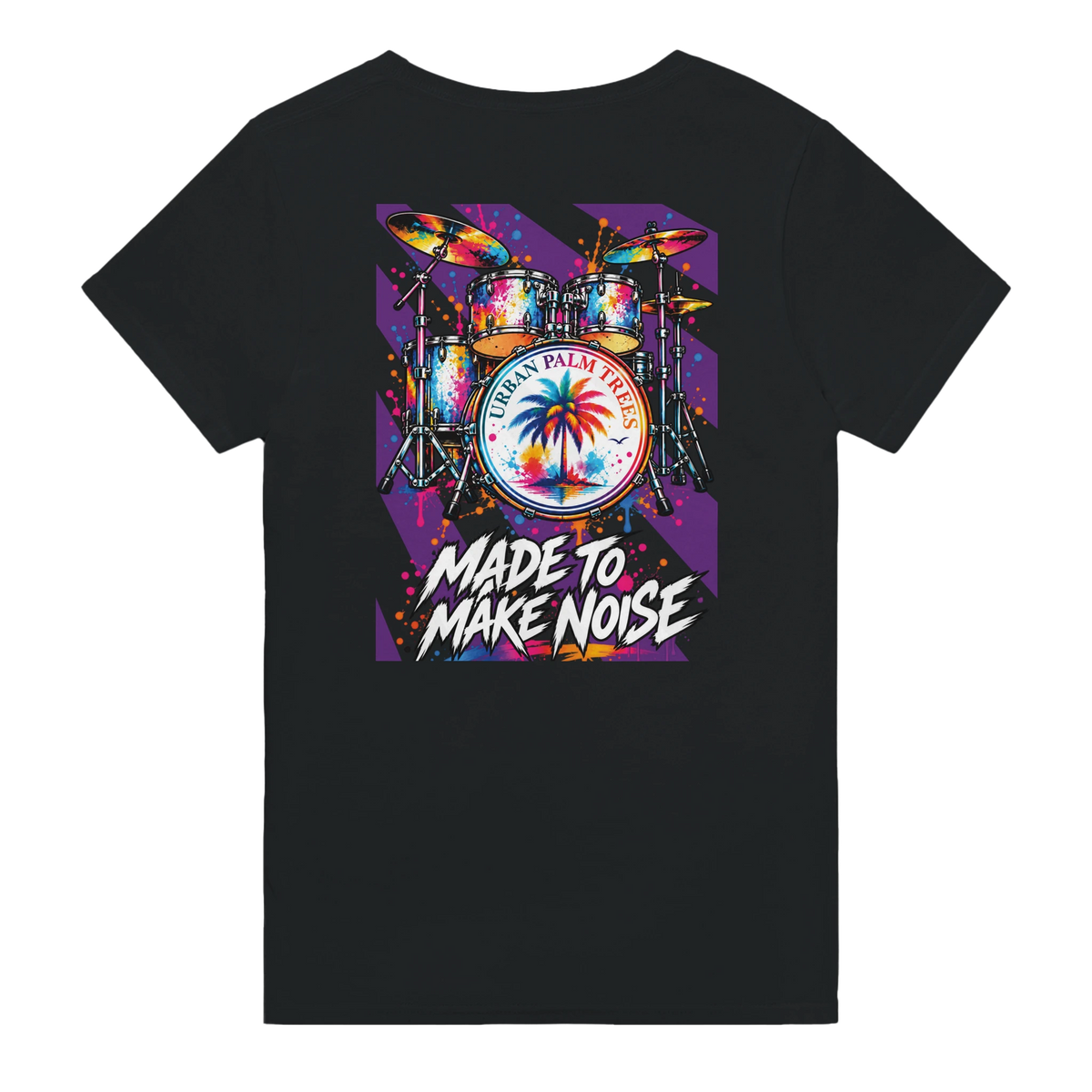 Black tee back featuring a colorful retro drum kit graphic with a palm tree bass drum and "Made to Make Noise" text.