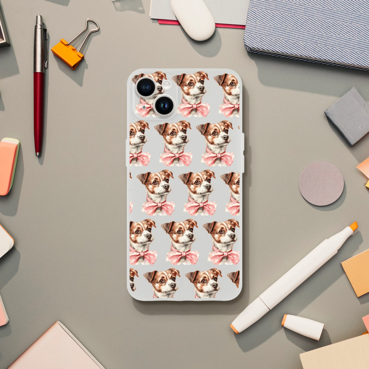 Slim transparent iPhone case for 13-16 with repeating dog faces wearing pink bows.